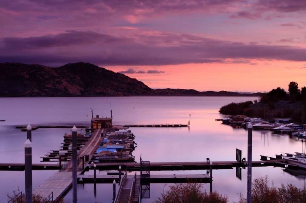 Sunset over marina at Lake Perris, California