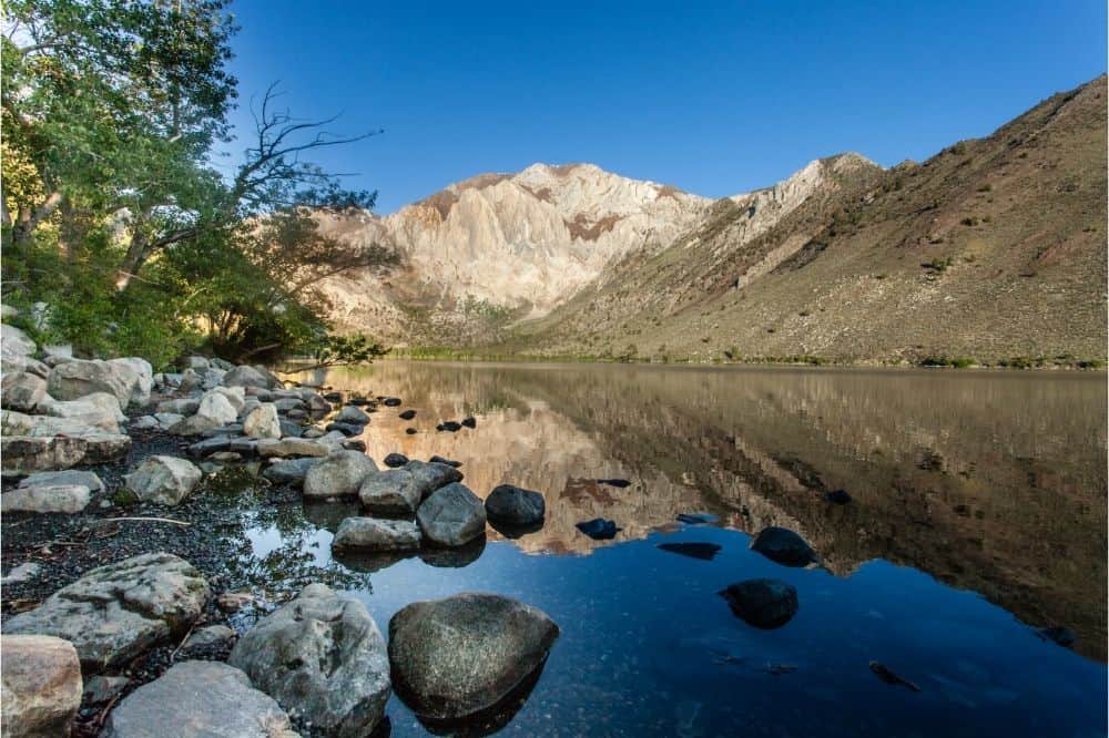 Scenic view of Convict Lake, one of the best fishing spots in the Sierras of Southern California.