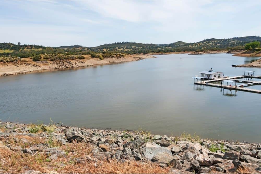 The fishing docks stick out into Lake Amador during low water.