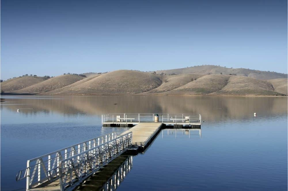 Fishing pier jutting into Los Vaqueros Reservoir, a great fishing lake east of the Bay Area.