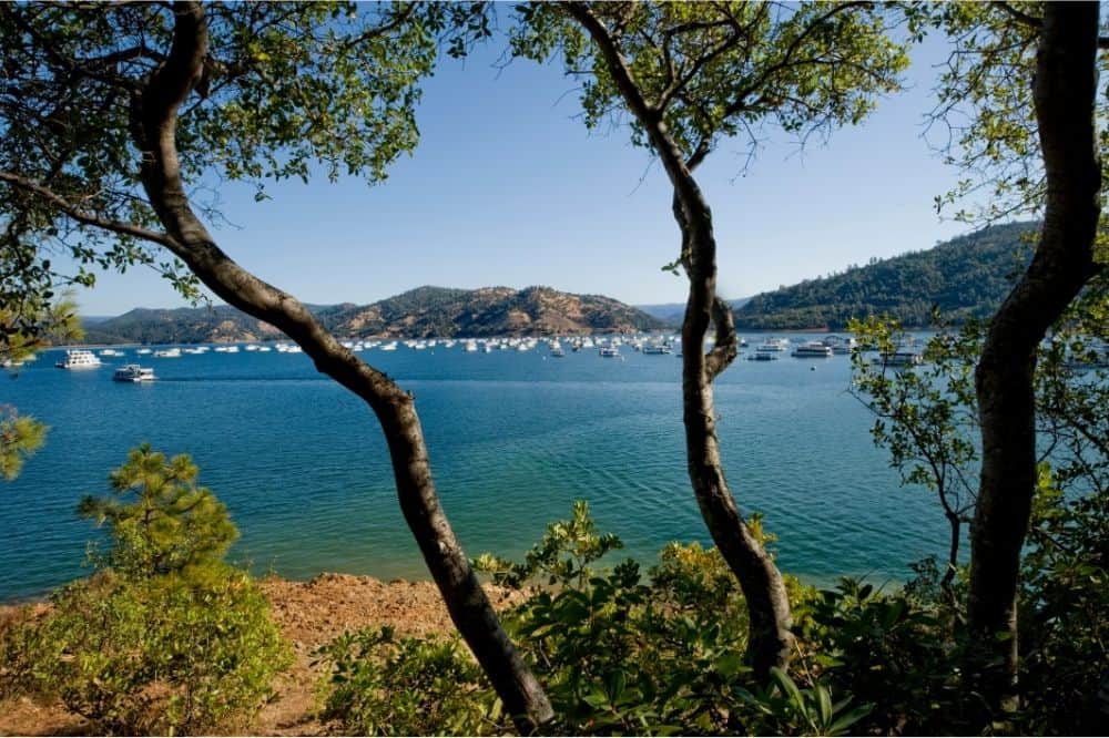 Lake Oroville scenic photo of houseboats and other watercraft used for fishing and other recreation on the huge reservoir.