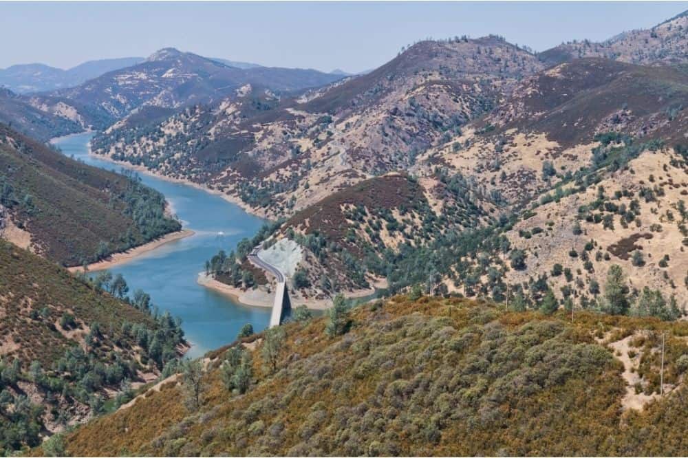 Lake McClure appears in the distance. Up close, it's an excellent spot for bass and trout fishing.