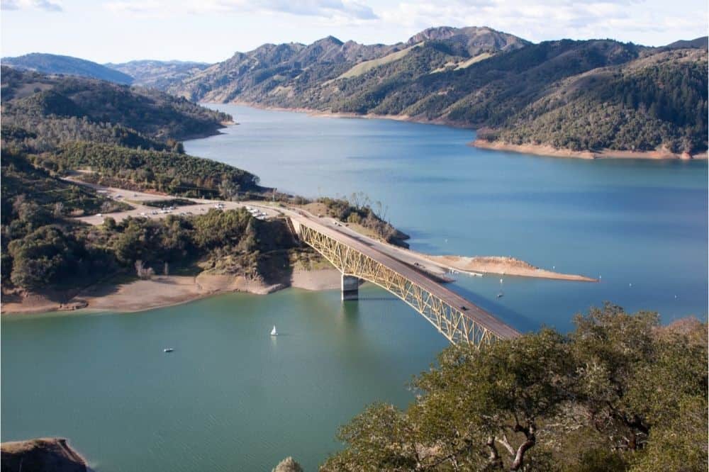 Scenic view of a bridge crossing Lake Sonoma, a popular fishing lake for bass and other species.