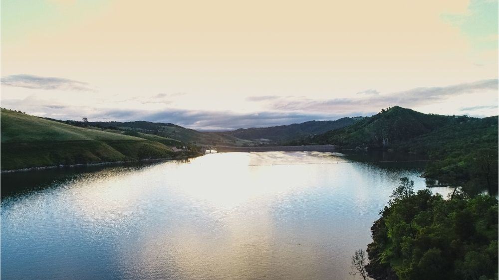 Lake Nacimiento at sunset, when fishing for bass and other game fish is likely to be great.