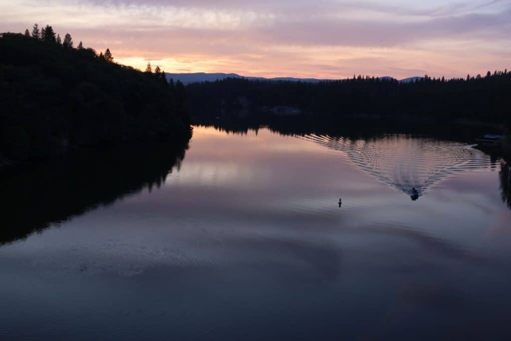 A boat makes a wake across Lake Britton at dusk.