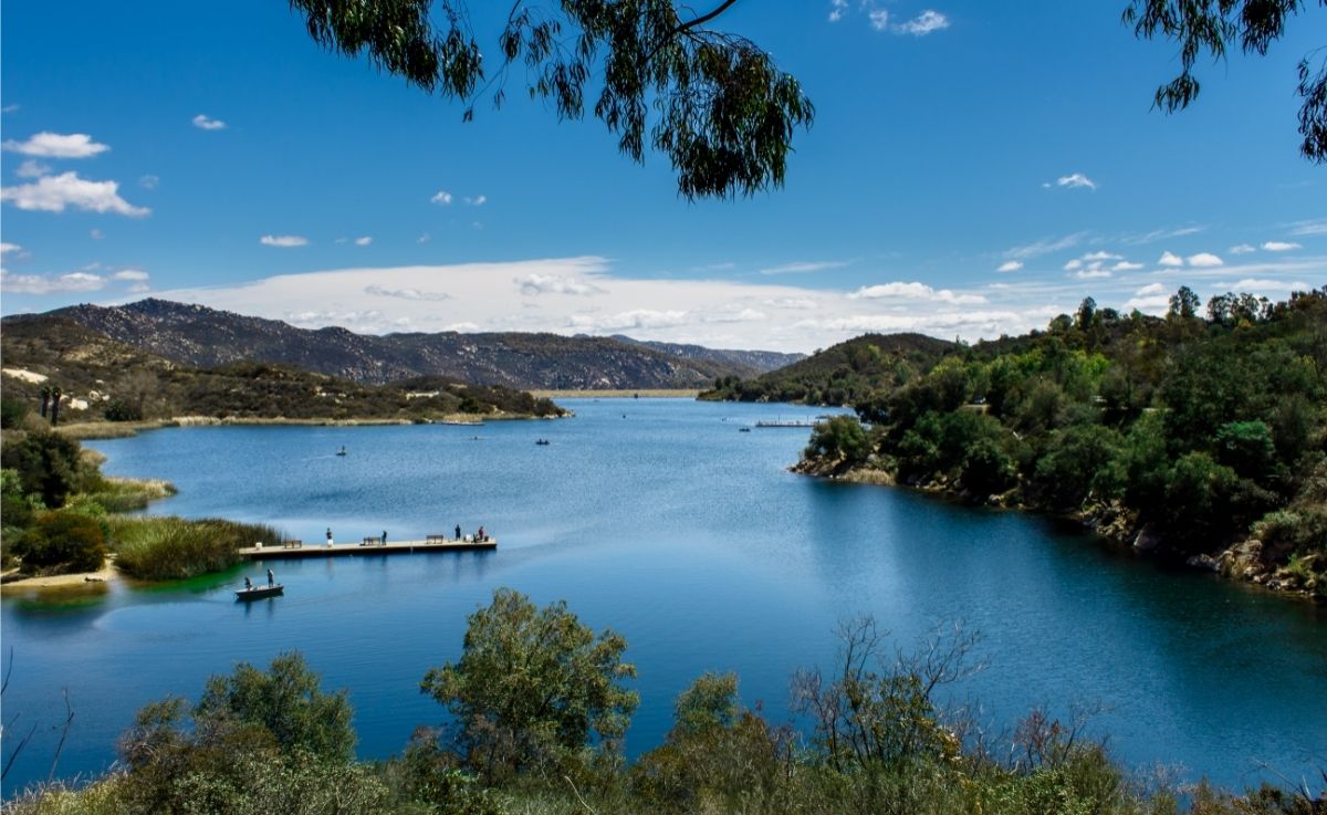 Scenic view of fishing docks and boats at Dixon Lake.