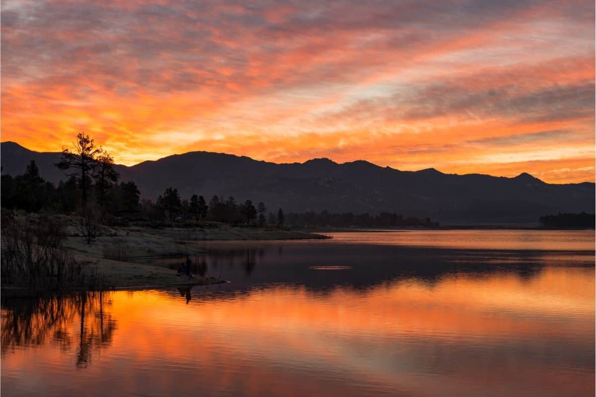 A ring dapples the surface of Lake Hemet at sunset.