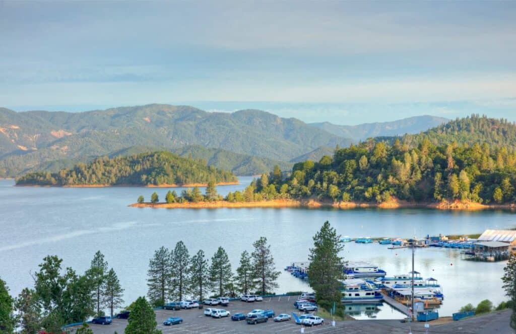 Sun fades over a marina at Shasta Lake.