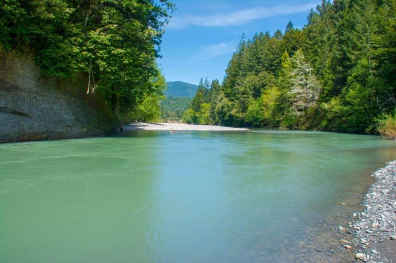 The Van Duzen River runs 'steelhead green' in Northern California.