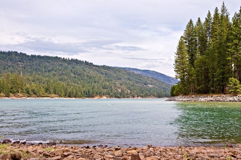 Scenic view of Bass Lake with bare banks showing.