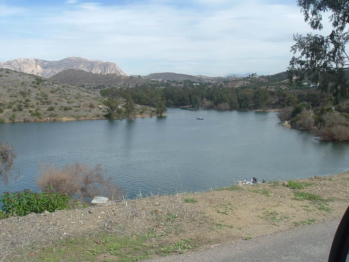 A fishing boat on the serene surface of Lake Jennings in Southern California.