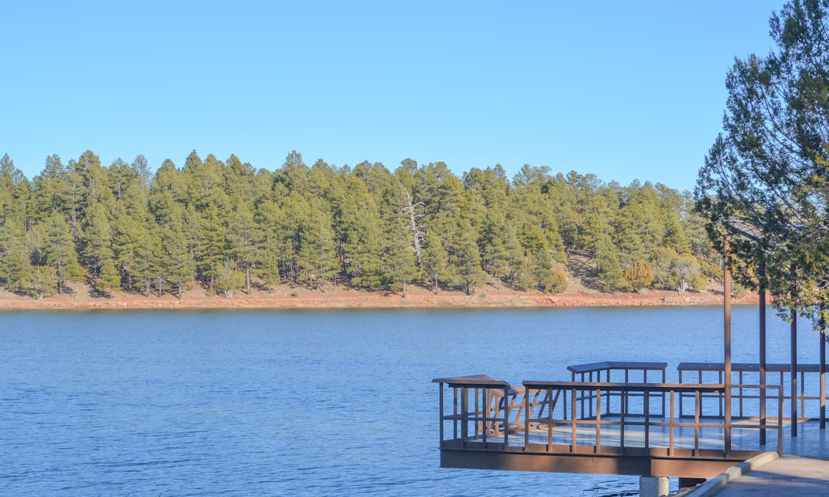 Scenic view of a dock at Fool Hollow Lake, Arizona.