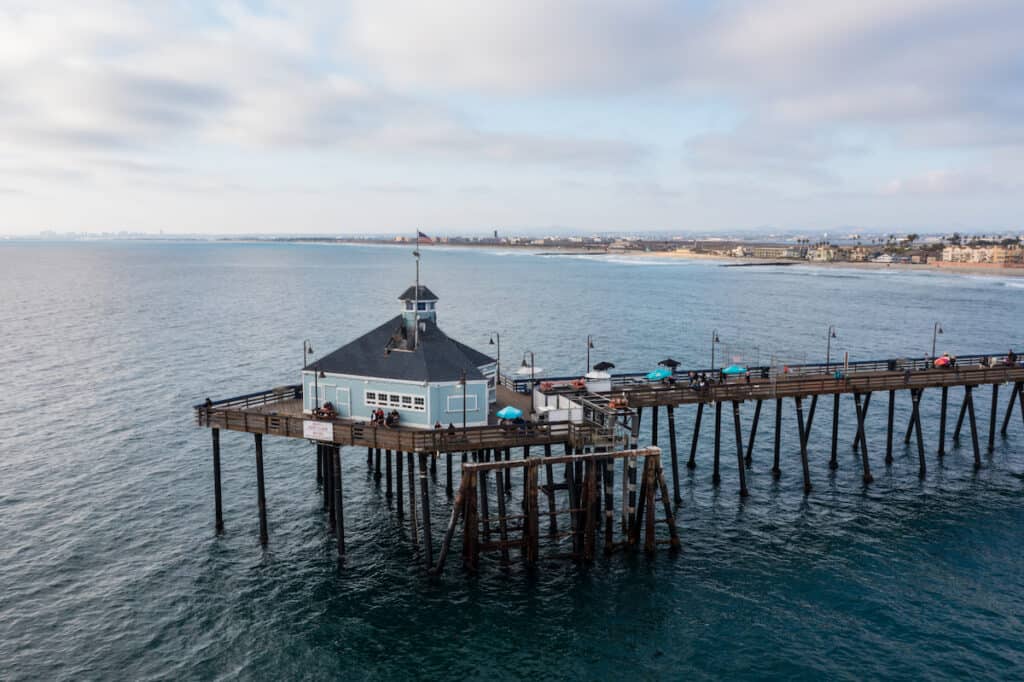 Aerial view of the Imperial Beach Pier and its restaurant.