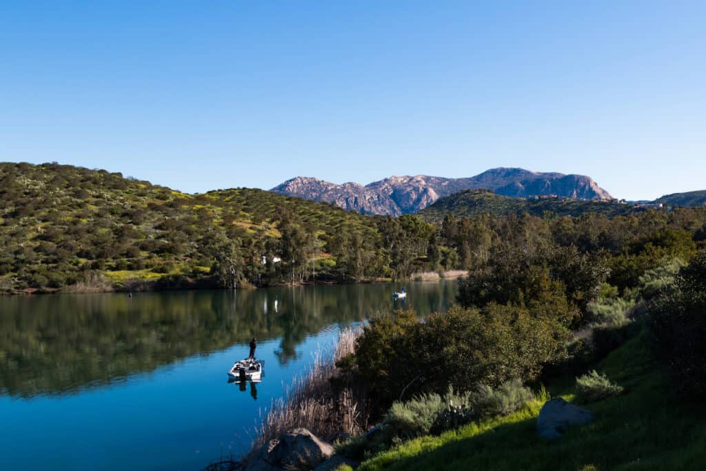 A fishing boat near the shore of Lake Jennings in Southern California.