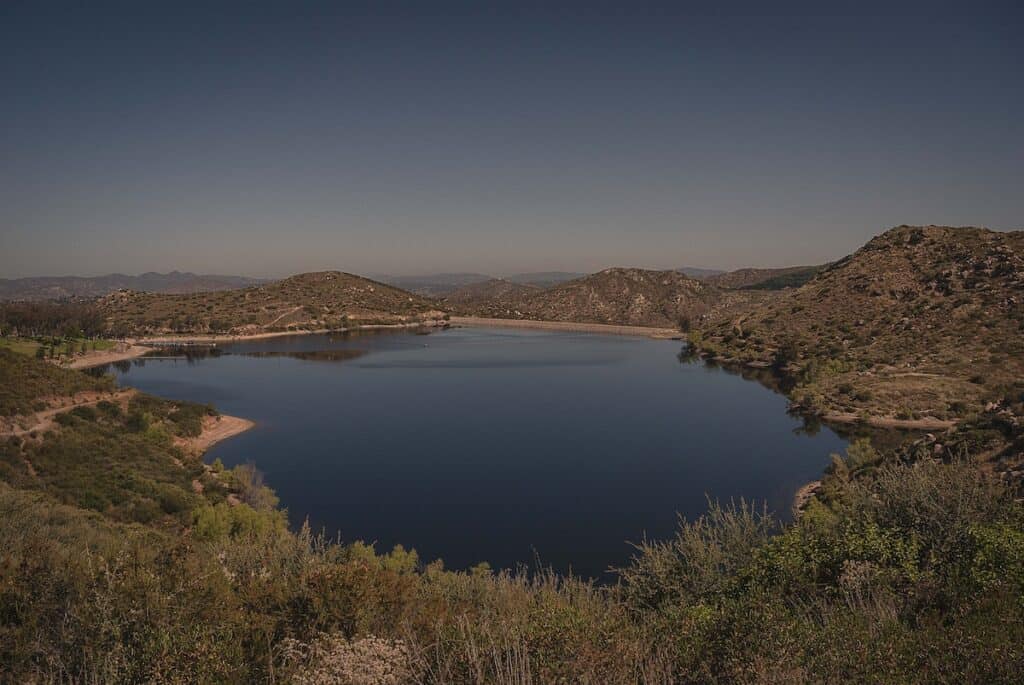 View of Lake Poway in the distance from one of the hiking trails above the reservoir.