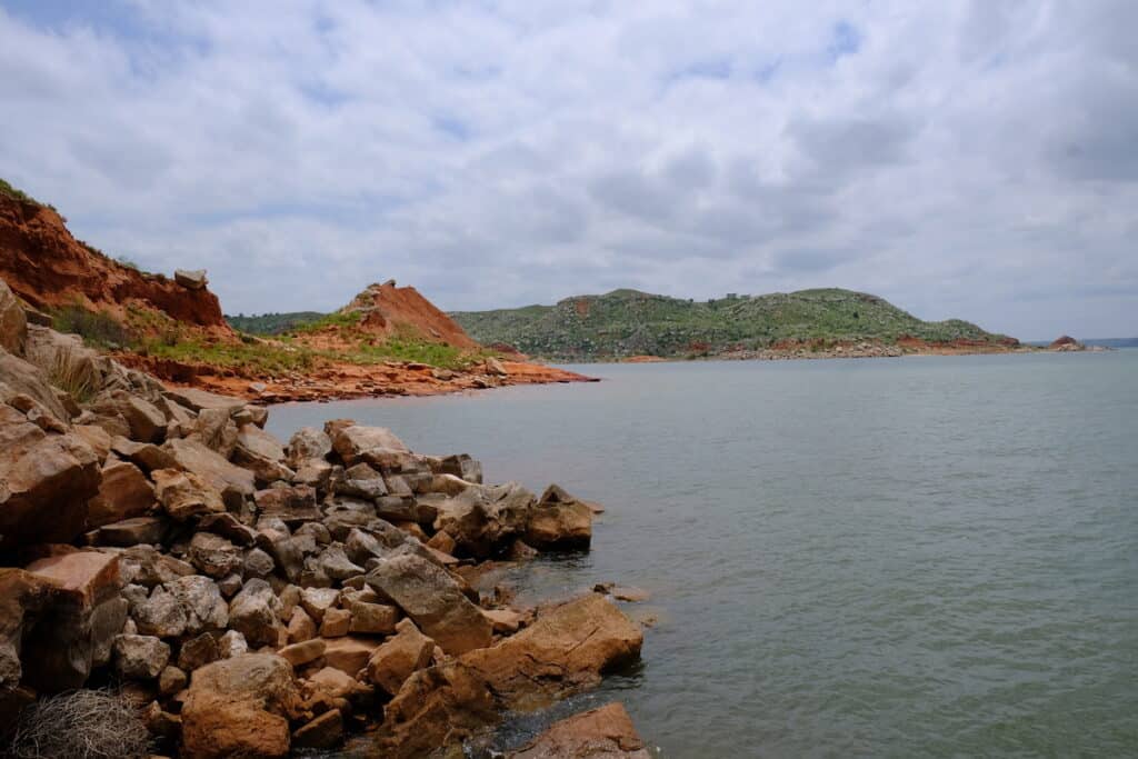 The rocky shoreline at Lake Meredith, showing the type of structure good for smallmouth bass fishing.