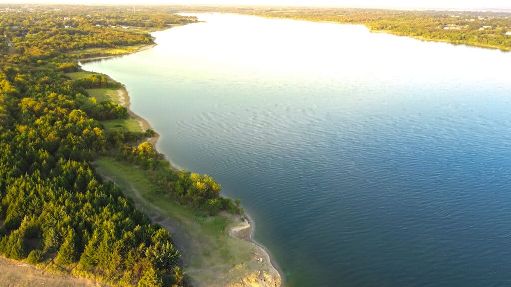 Aerial view of Lavon Lake at sunrise from Ticky Creek Park in Princeton, Texas.