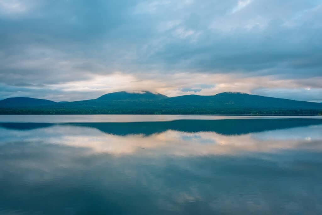 Sunset at Ashokan Reservoir, in the Catskill Mountains, known as one of the best trout fishing lakes in New York.