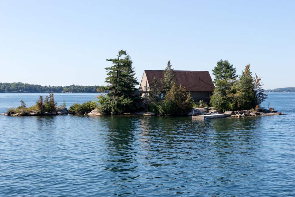 A home on one of the many small islands in the Thousand Islands area of the St. Lawrence River known for bass fishing.