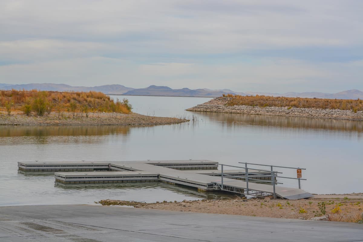 A boat dock on the banks of Willard Bay Reservoir in Utah.