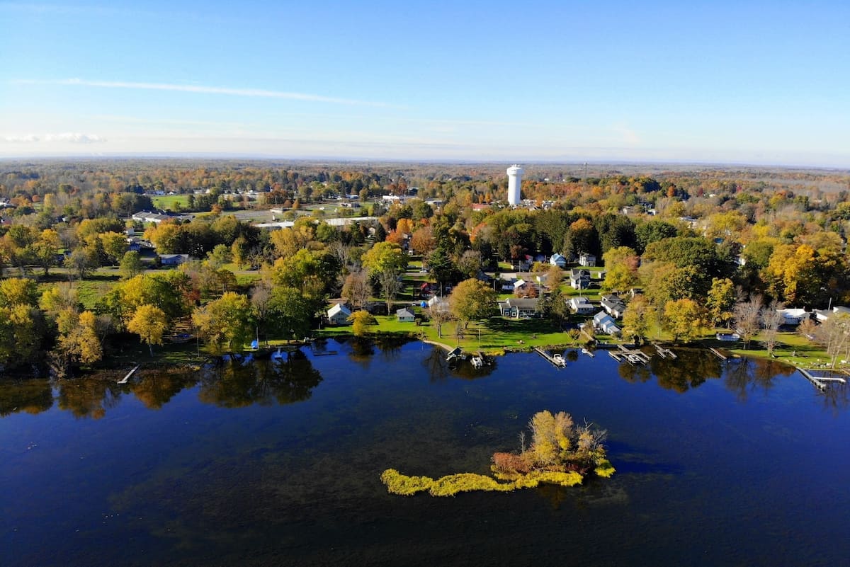 An island and shoreline of Oneida Lake provide lots of great fishing habitats.