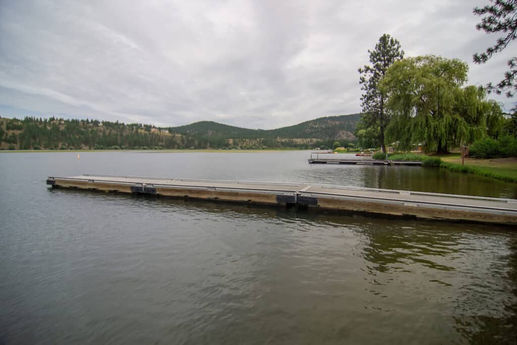 Boat docks stretch into Long Lake near Spokane, Washington.