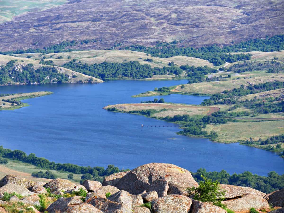 View of popular fishing spot Lake Lawtonka taken from Mt. Scott.