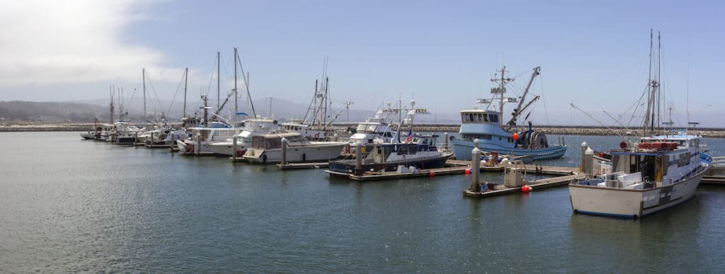 Fishing boats in Pillar Point Marina in Half Moon Bay, a popular place to start an ocean fishing trip in San Mateo County.