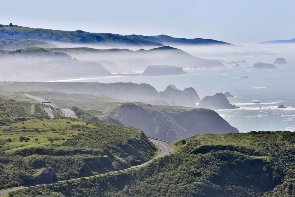 The rugged and rocky California Coast near Bodega Bay in Sonoma County, which offers a variety of fishing and crabbing opportunities.