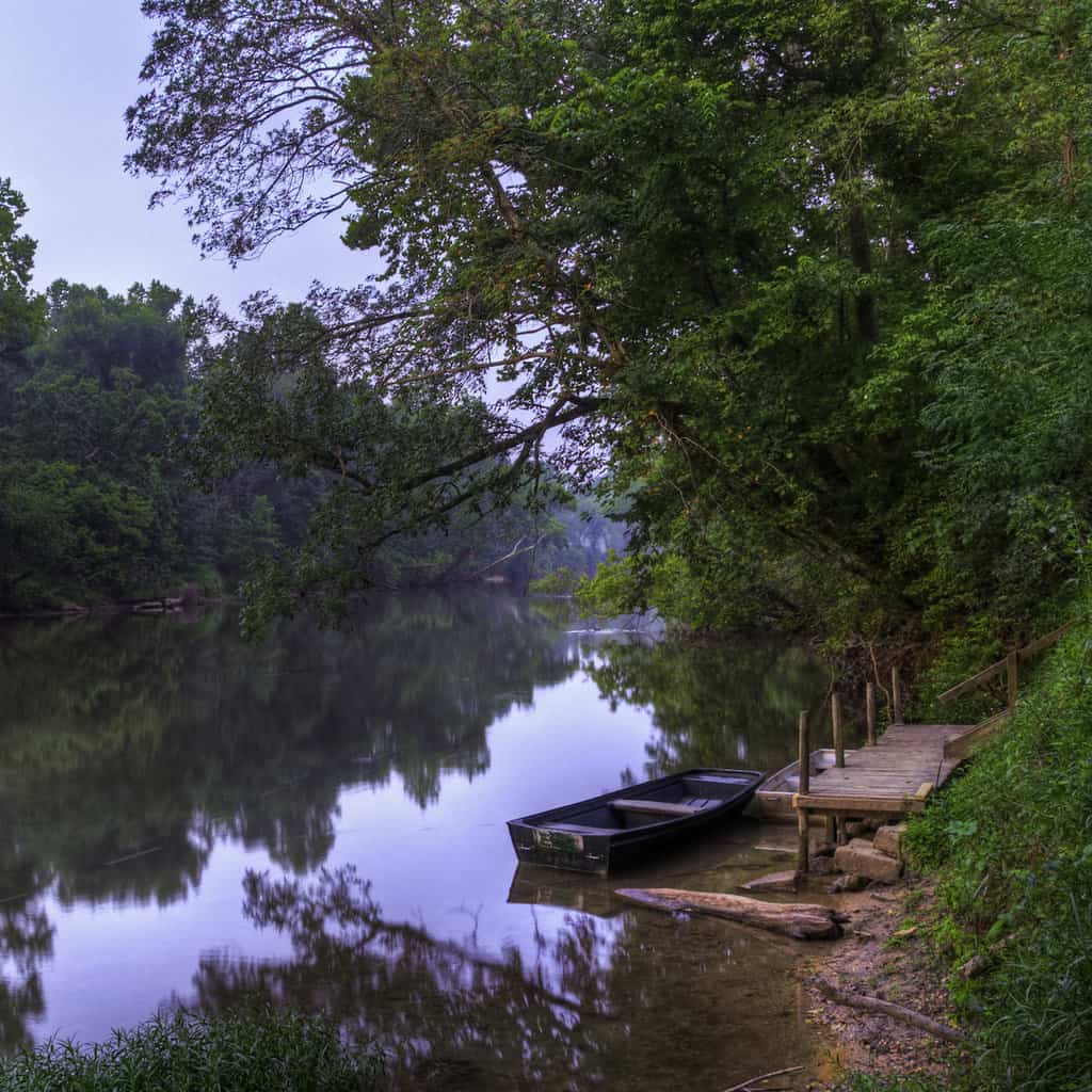 A fishing boat waits for anglers on the banks of the Meramec River, one of Missouri's best catfish fishing rivers.