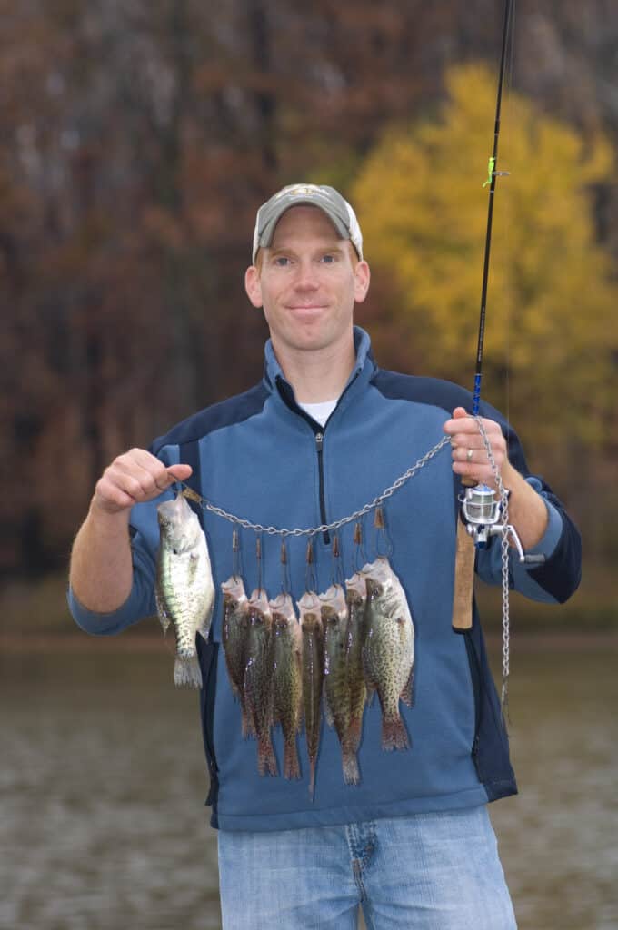 An angler holds a string of crappie caught fishing in Ohio.