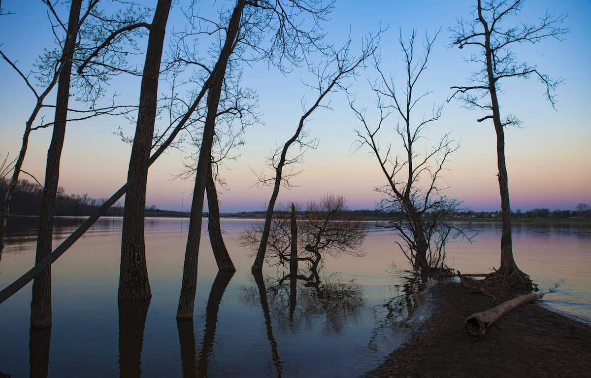 Fading light of sunset through trees along the bank, making it a great time for catfish fishing at Hoover Reservoir