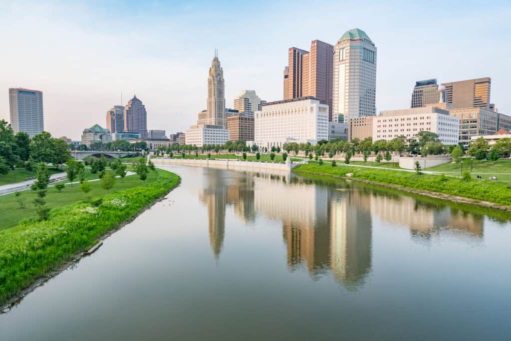 The Scioto River flowing gently through Columbus, Ohio, where it provides great catfish fishing in the city.