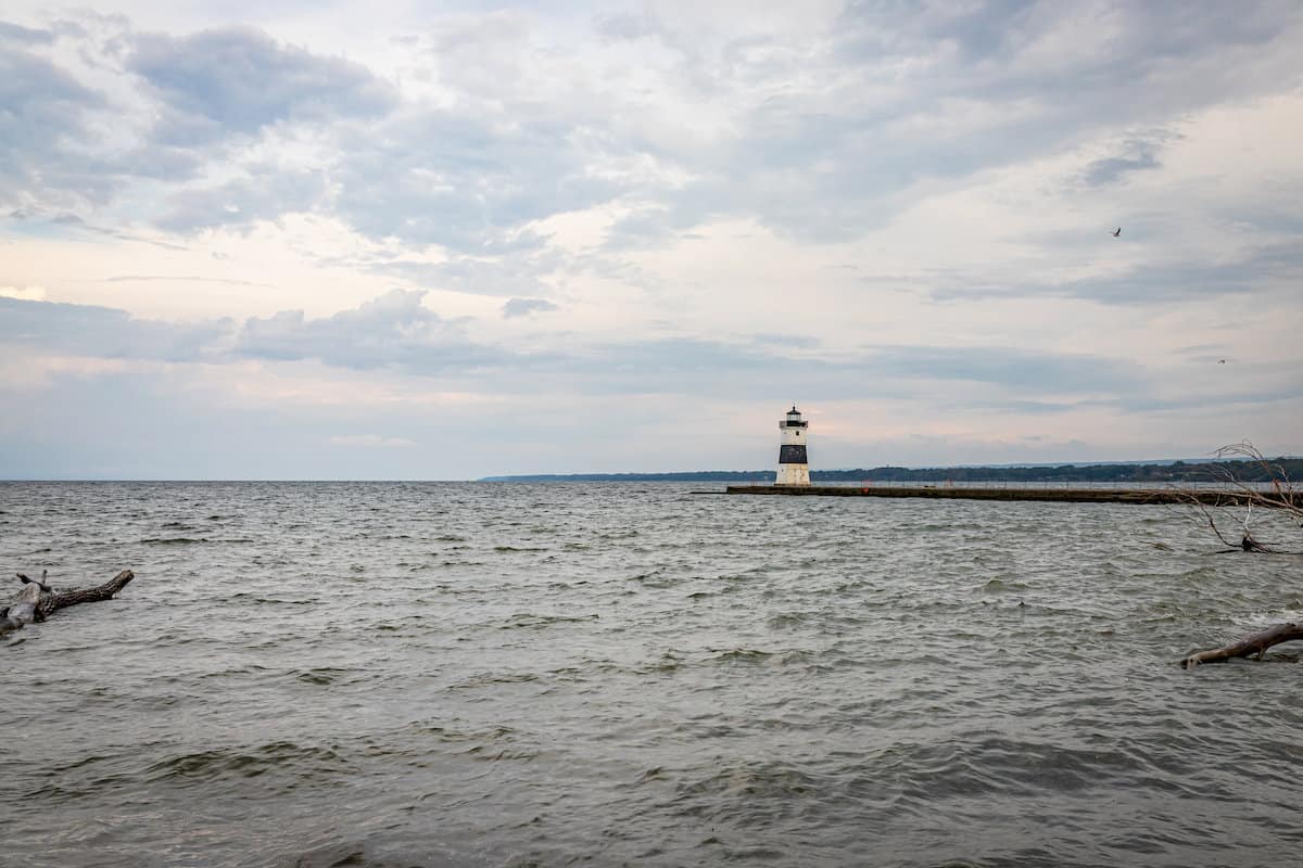 The lighthouse marking the entrance to Presque Isle Bay marks some of the best yellow perch fishing in Lake Erie.