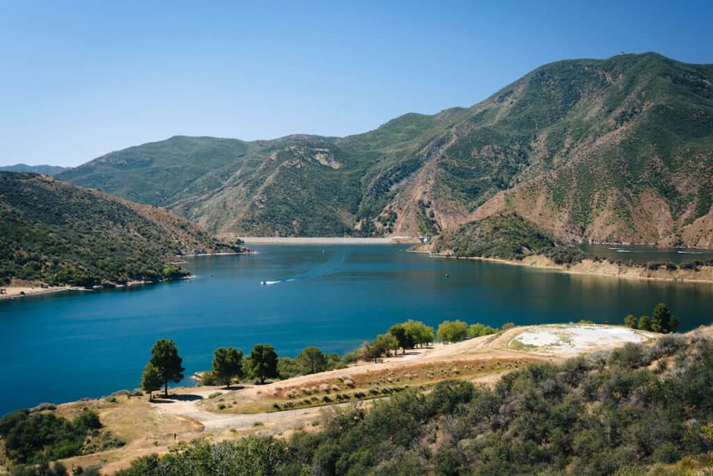 View of Pyramid Lake, in Angeles National Forest, a popular fishing spot in Southern California.