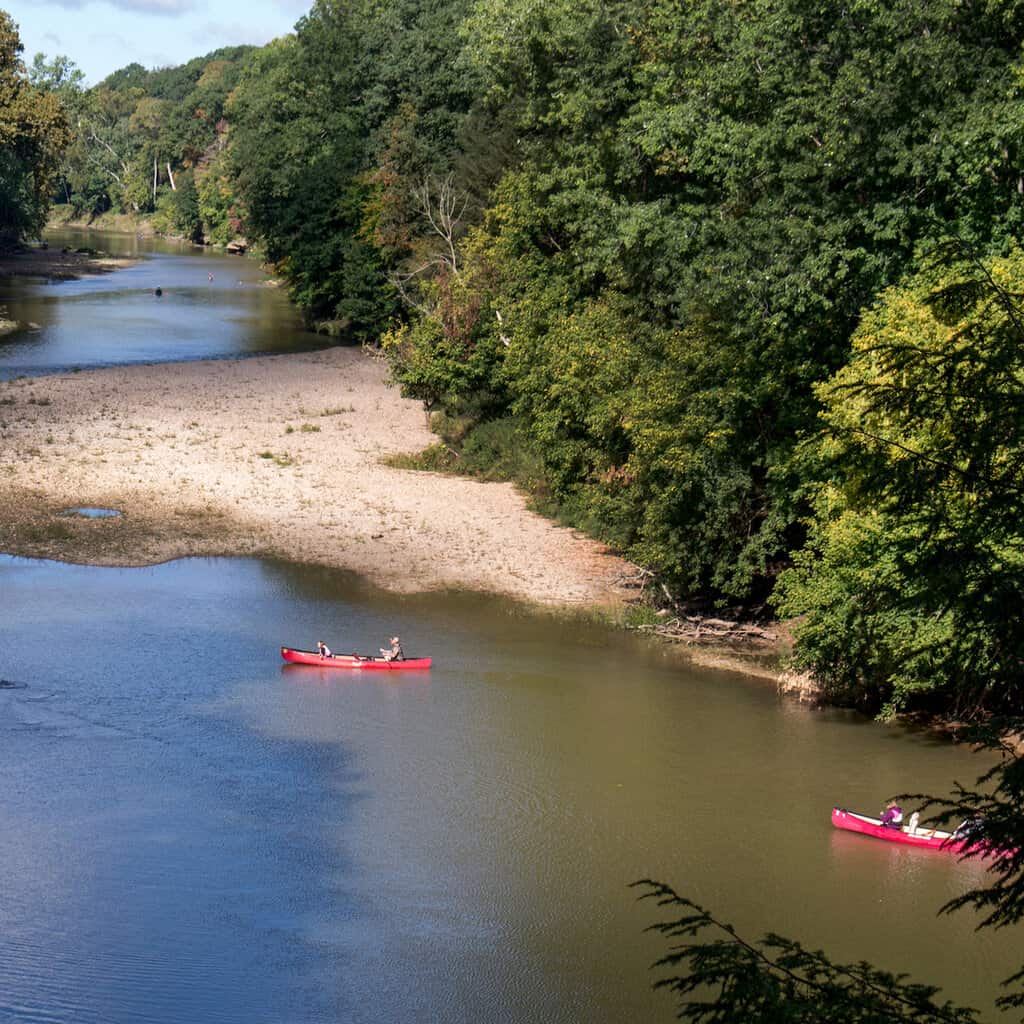 Red canoes dot the surface of Sugar Creek in Indiana, and floating the river is a good bet for fly fishing.