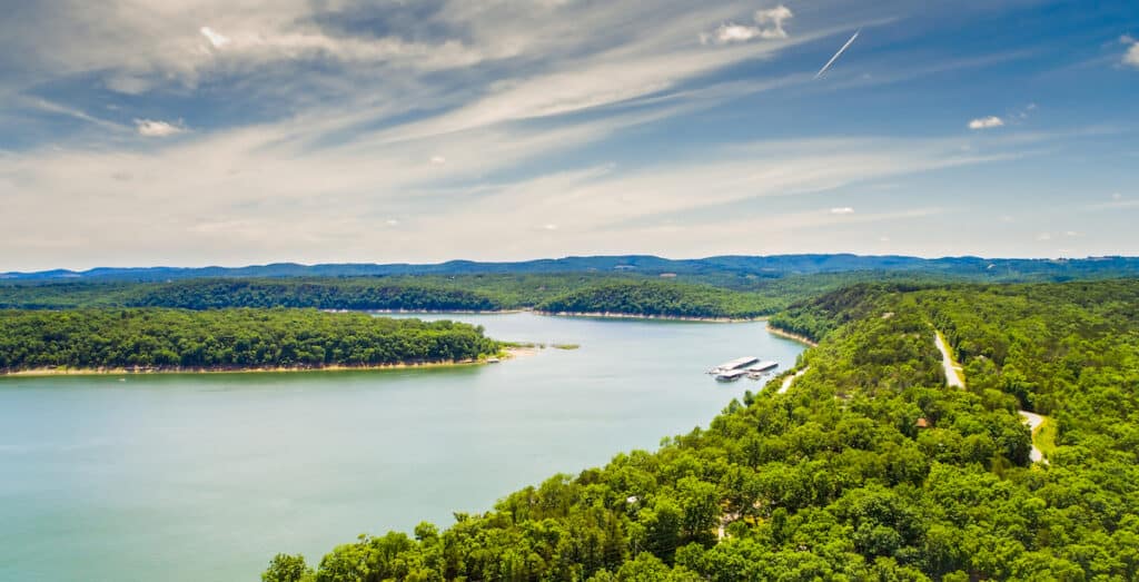 Aerial view of part of Bull Shoals, an excellent bass fishing lake near Branson, Missouri.