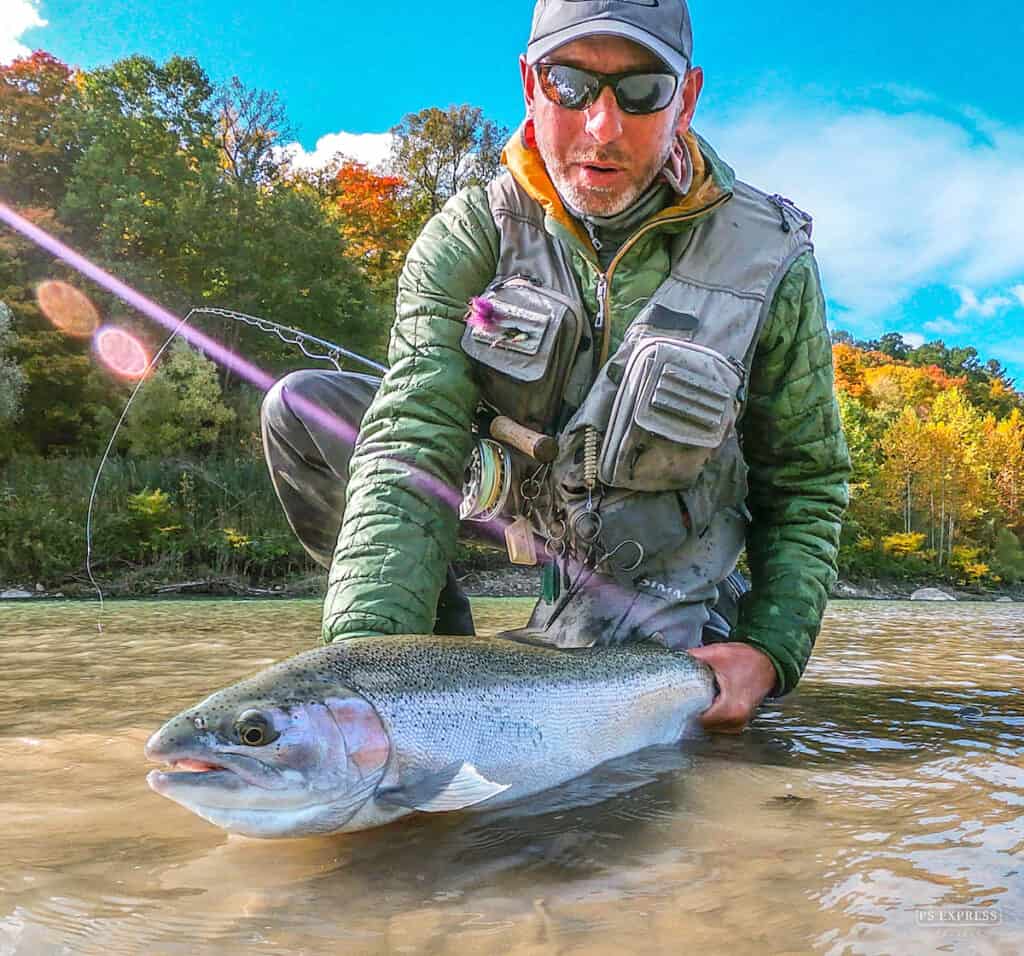 A male angler in waders kneels in a creek holding a steelhead he caught fishing in New York, with sunlight dappling the photograph.