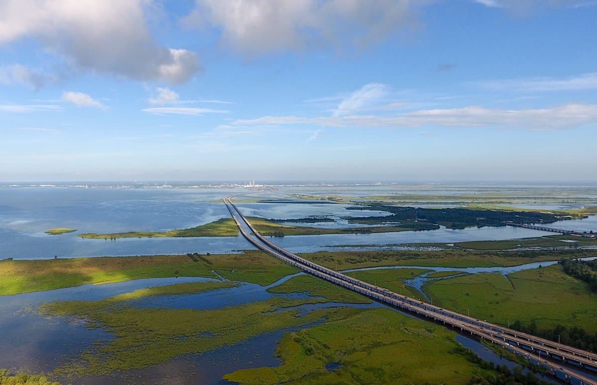 Aerial view of the shoreline of Mobile Bay, showing the kinds of channels and bayous where speckled trout fishing is best in Alabama.