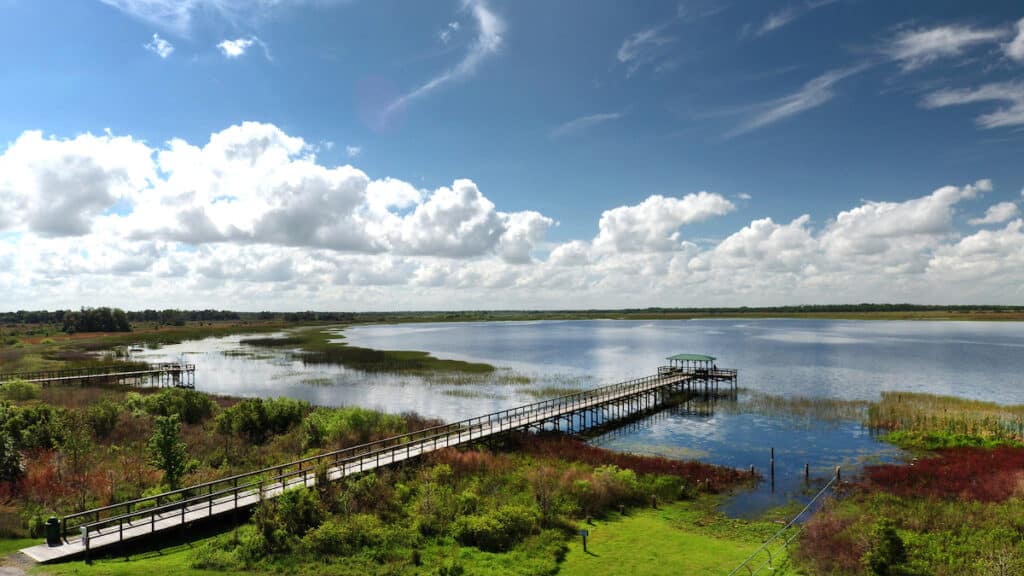 Piers stretch out across the marshy shorelines at Twin Oaks Conservatory at Lake Tohopekaliga in Osceola County, Florida.