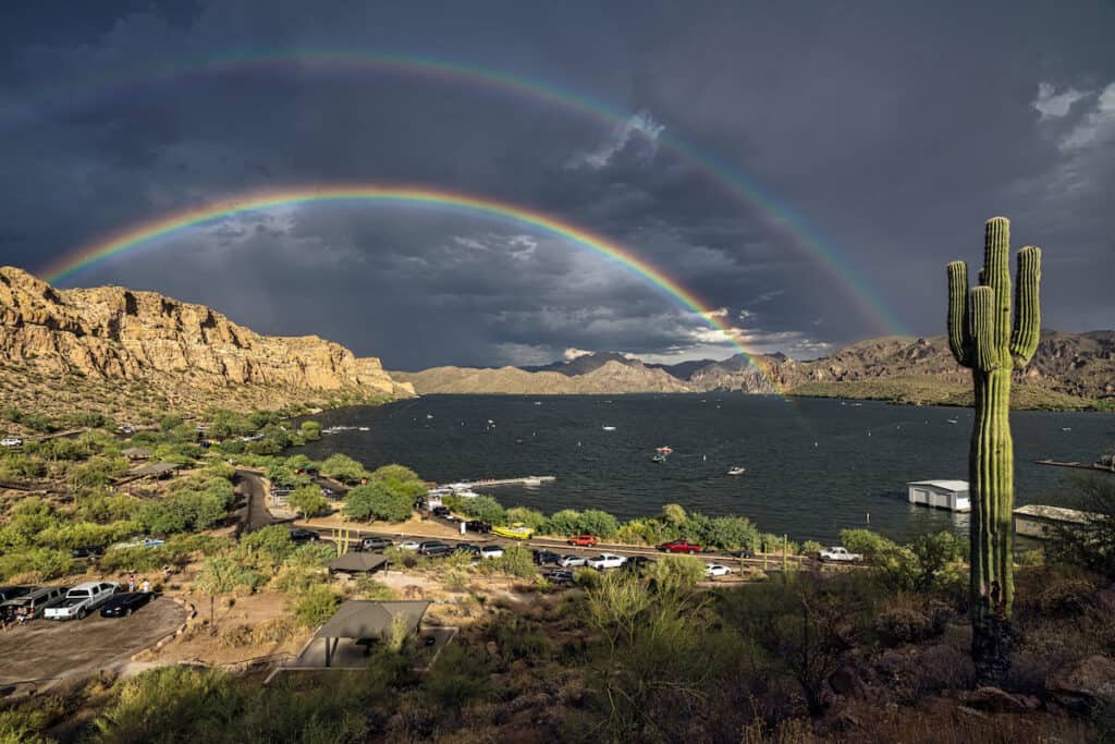Double rainbow over Saguaro Lake in the Sonoran Desert near Phoenix, Arizona
