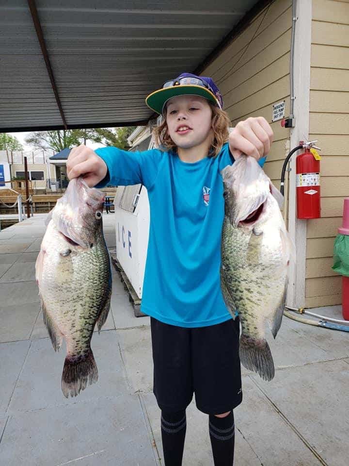 A young boy in a ball cap holds out two large crappie with a Lake Conroe building and ice machine in the background.