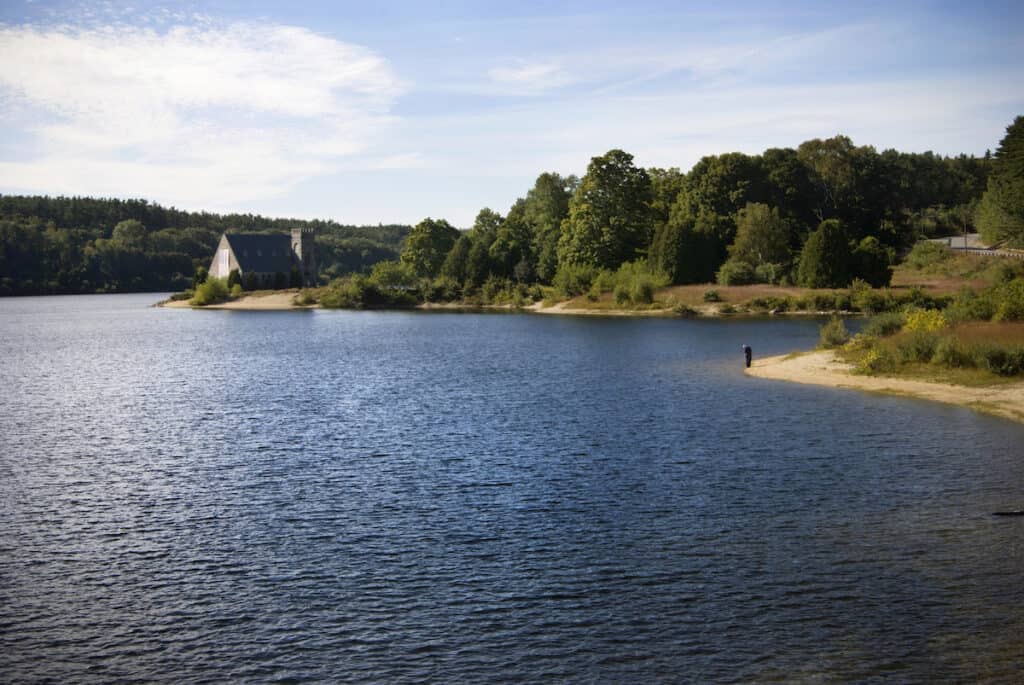 The old stone church in the distance sits on the banks of Wachusett Reservoir, a popular fishing lake in Massachusetts.