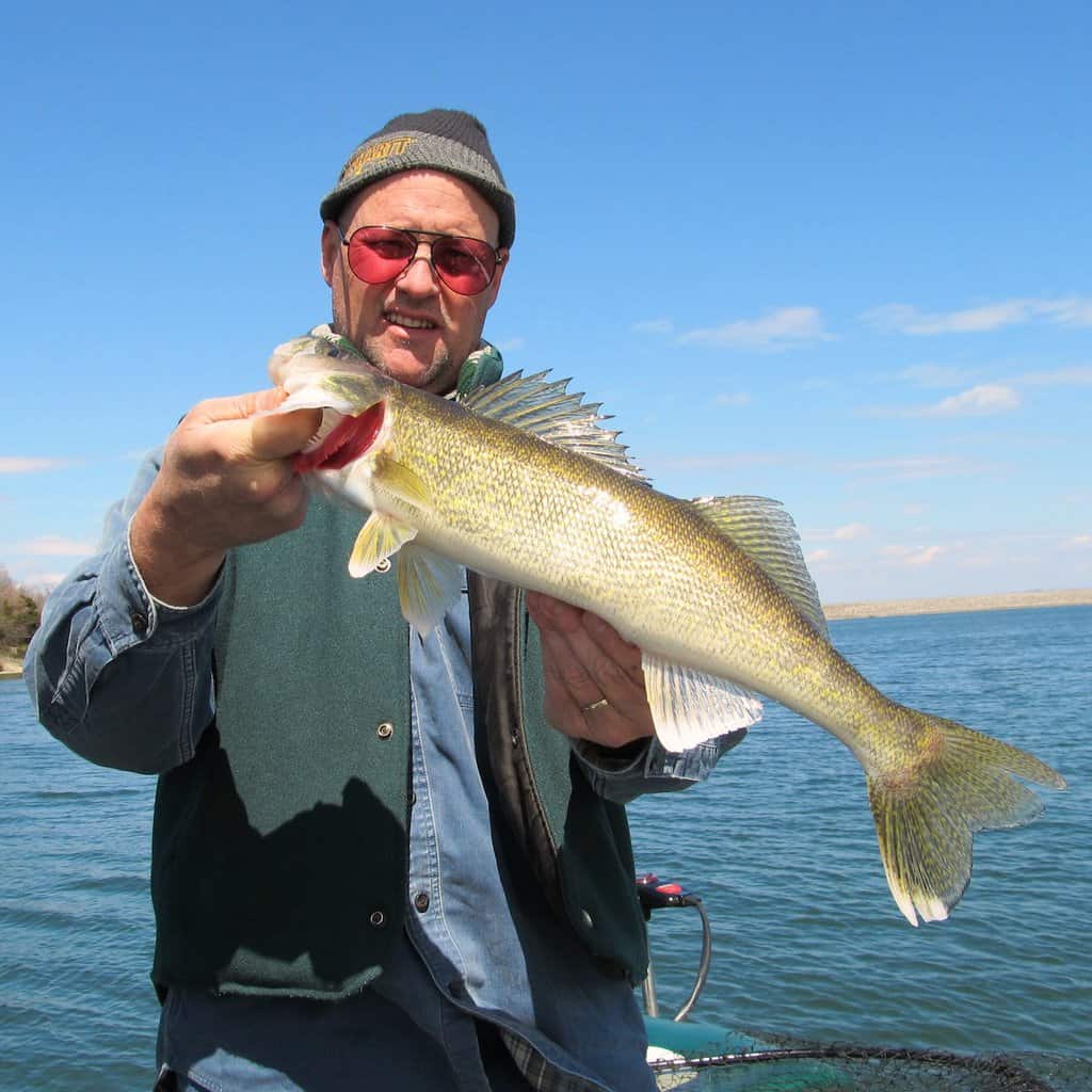 An angler wearing a warm cap and standing in a boat holds up a large walleye caught in Stockton Lake, Missouri, which is in the background.