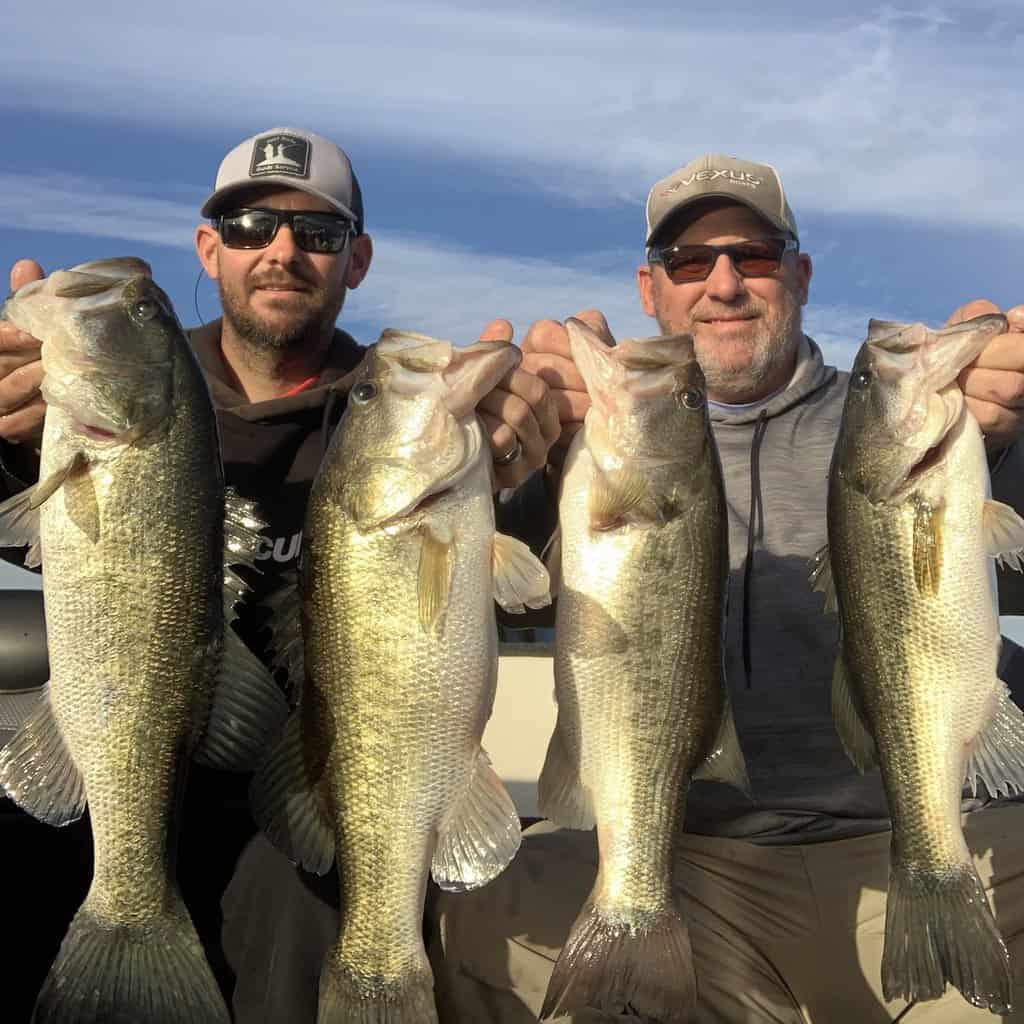 Two anglers hold a total of four big bass caught at Sam Rayburn Reservoir in Texas, which is in the background.
