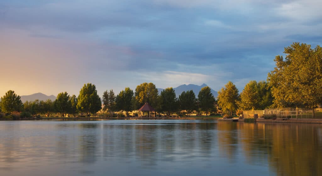 Morning view on Sahuarita Lake in Arizona, with trees lining the far bank.