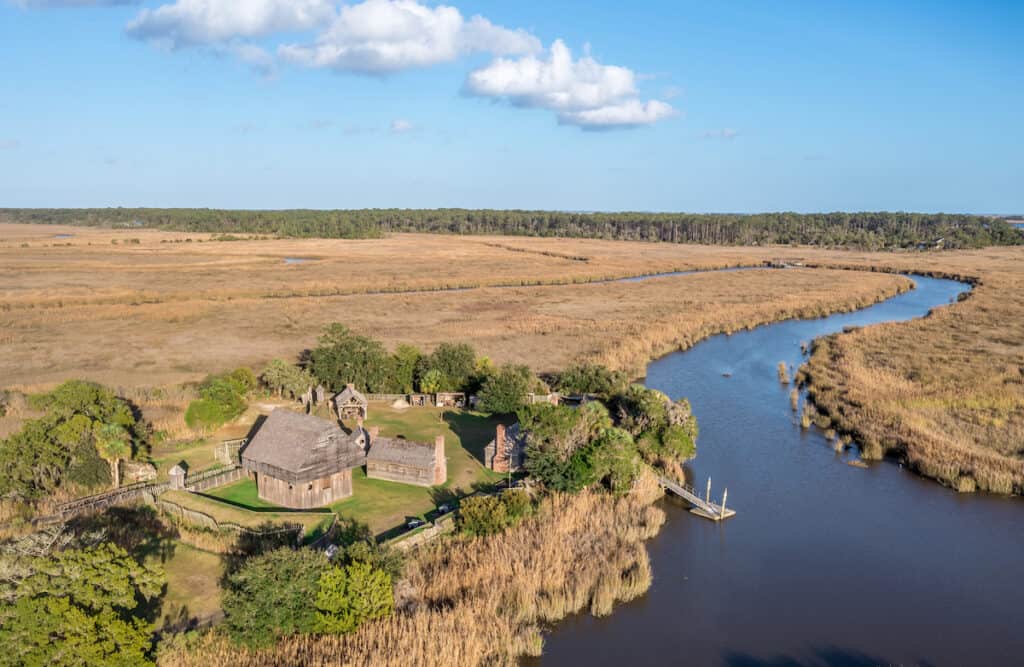 Aerial photograph of the Fort King George Historic Site along the Altamaha River, which also is known for excellent crappie fishing.