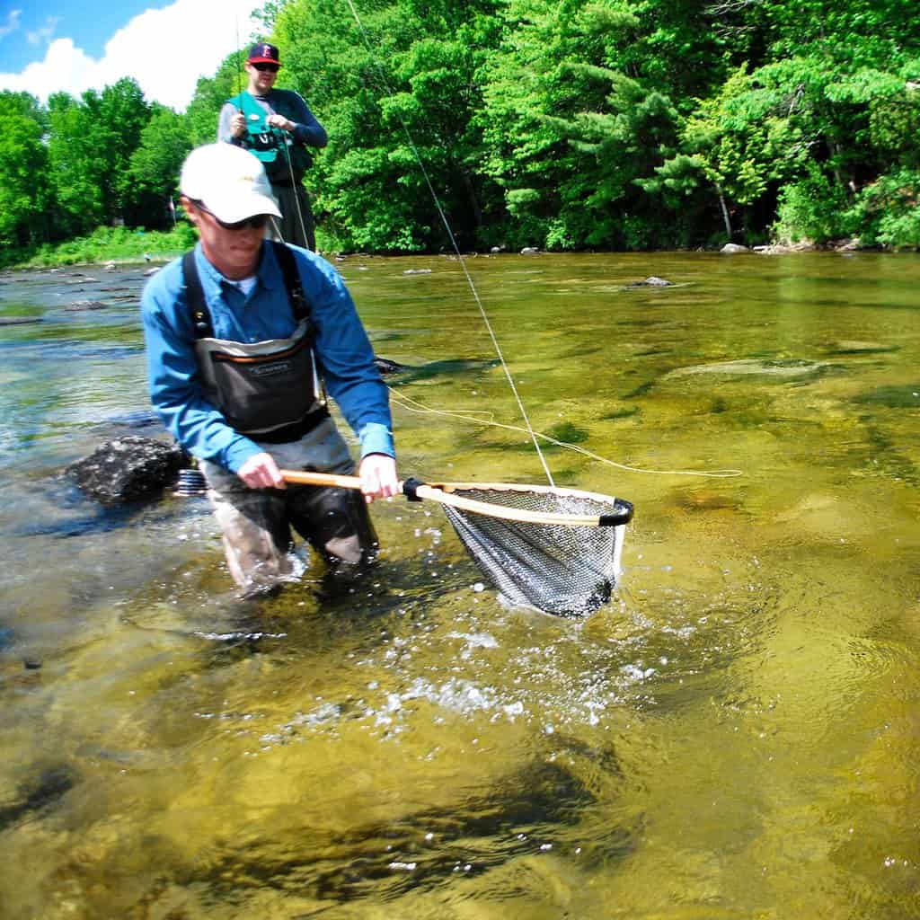 A wading angler nets a fish in a Maine river while the angler behind him holds a fishing rod.