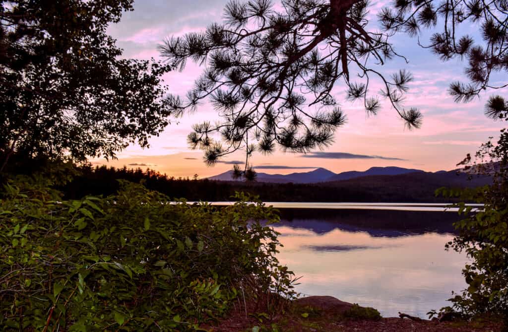Tree branches and bushes on the shore of Lake Winnipesaukee appear in silhouette in the foreground with the quiet lake and pink and blue skies of sunset behind.