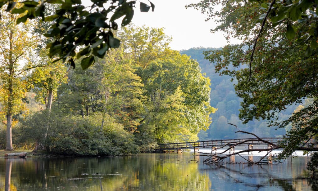 Views of the Hungry Mother State Park Bridge at Hungry Mother Lake, a small but excellent catfish fishing lake in Virginia.